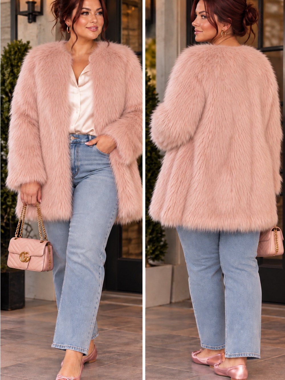 ellos Blush Pink shaggy collarless Faux Fur Jacket